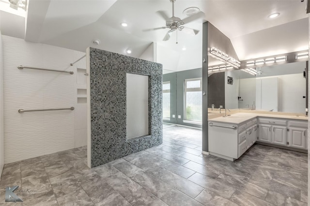 20 Glen Abbey St, Abilene, TX 79606 - bathroom with ceiling fan, a walk in shower, vaulted ceiling, double vanity, and recessed lighting
