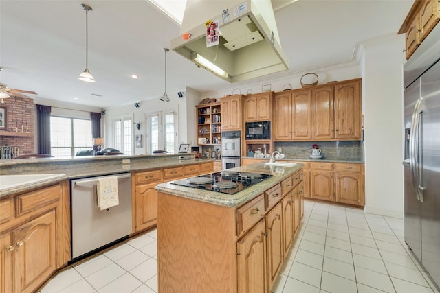 kitchen with black appliances, under cabinet range hood, ornamental molding, and light tile patterned flooring