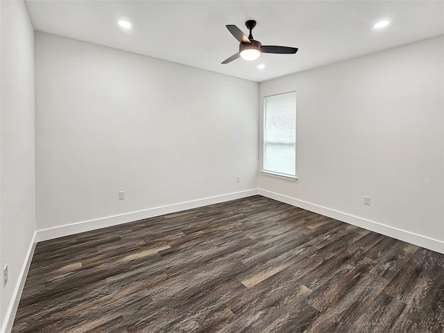 unfurnished room featuring a ceiling fan, baseboards, dark wood-style flooring, and recessed lighting