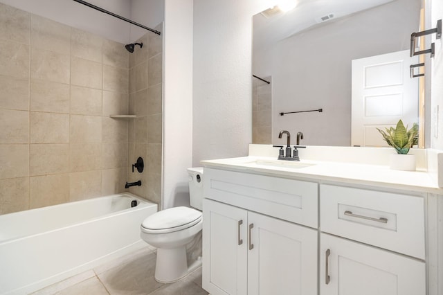 bathroom with shower / bath combination, visible vents, toilet, tile patterned flooring, and vanity