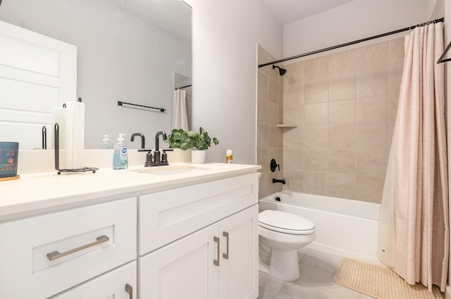 bathroom with toilet, shower / bath combo, tile patterned flooring, and vanity