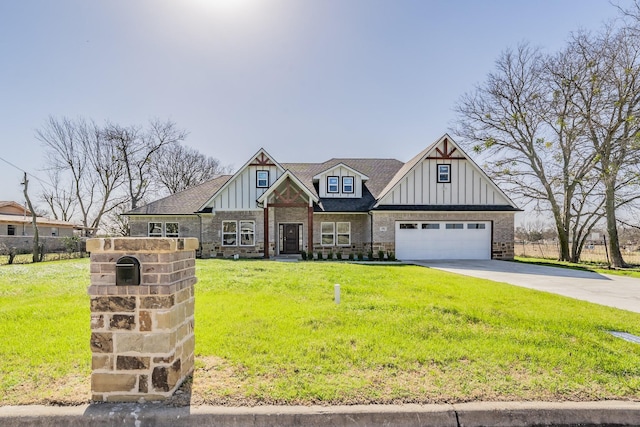 view of front of house with driveway, brick siding, board and batten siding, and a front yard