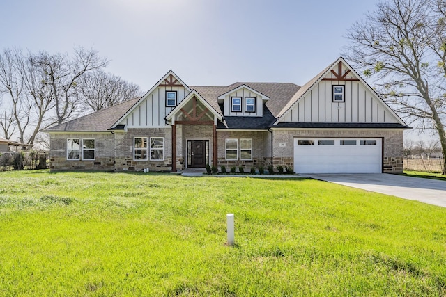 view of front of house with roof with shingles, brick siding, board and batten siding, a front yard, and driveway