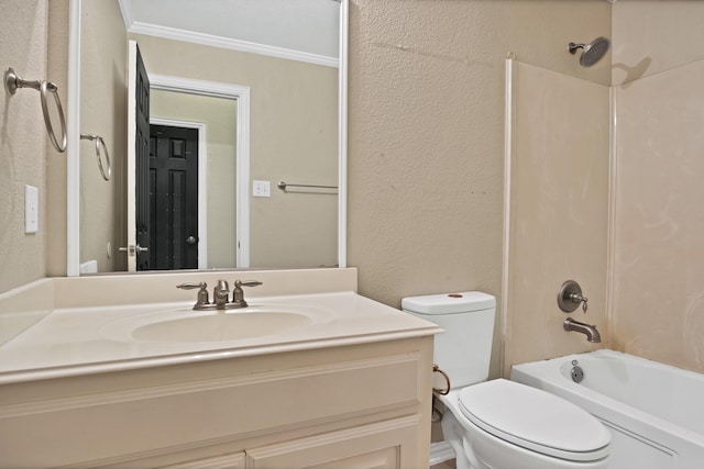 full bathroom with shower / bath combination, a textured wall, toilet, ornamental molding, and vanity