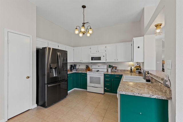 kitchen with white appliances, light tile patterned floors, white cabinets, light countertops, and a sink