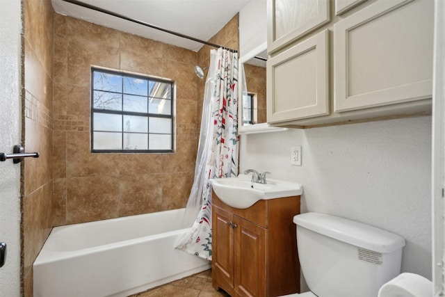 full bathroom featuring vanity, shower / bath combination with curtain, and toilet