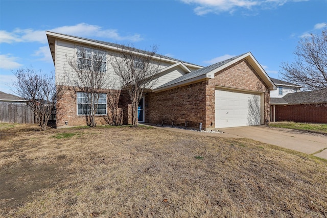 view of front facade with a garage, brick siding, fence, concrete driveway, and a front yard