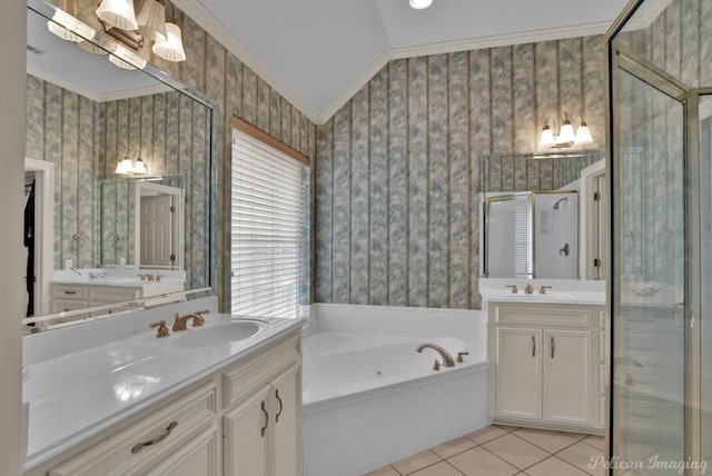 full bathroom with wallpapered walls, ornamental molding, and a sink