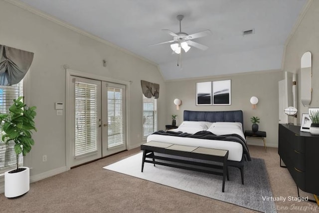 bedroom with visible vents, ornamental molding, light carpet, access to exterior, and french doors