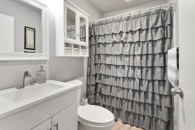 full bathroom featuring a shower with curtain, vanity, and toilet