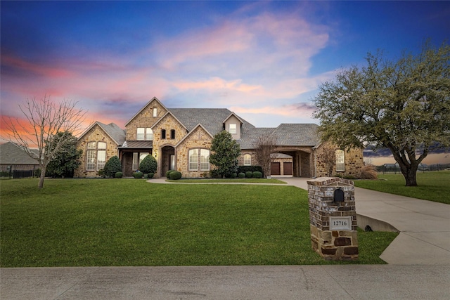 french country home featuring concrete driveway, a lawn, and stone siding