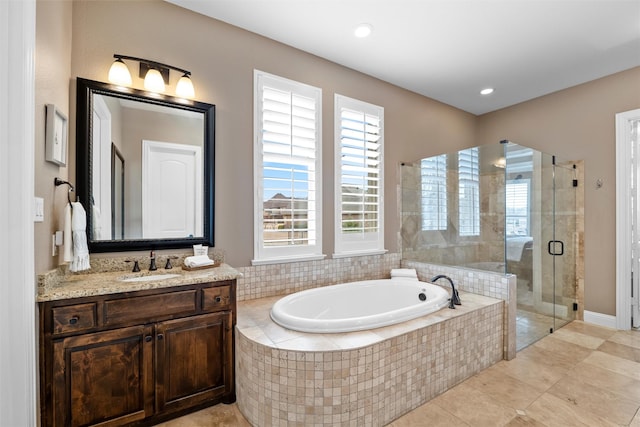 bathroom with a garden tub, recessed lighting, vanity, tile patterned floors, and a stall shower