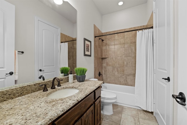 full bathroom featuring shower / tub combo with curtain, vanity, toilet, and tile patterned floors