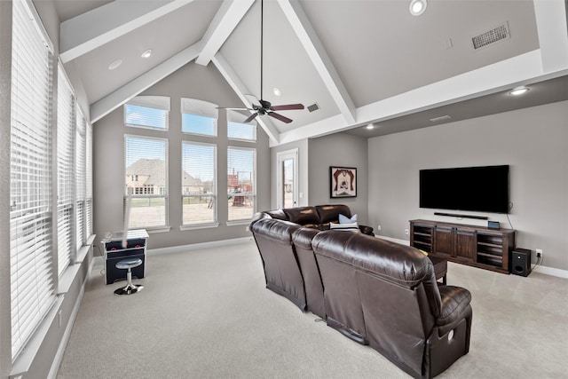 living room with high vaulted ceiling, beam ceiling, light carpet, and visible vents