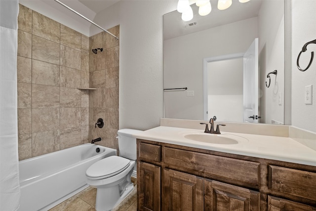 full bathroom with visible vents, toilet, shower / tub combo, vanity, and tile patterned flooring