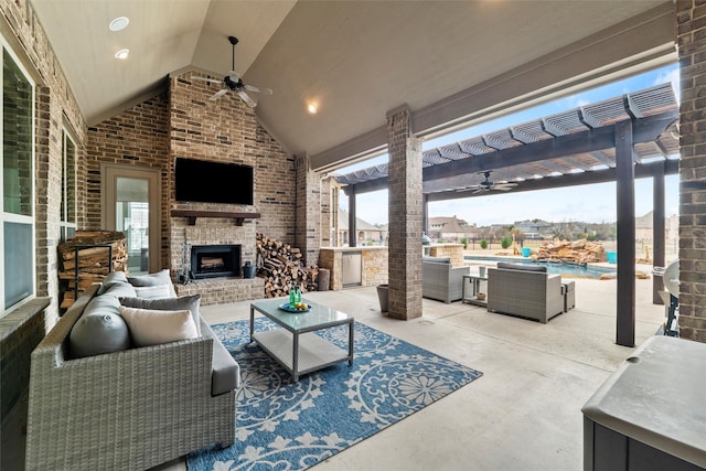 view of patio with an outdoor pool, ceiling fan, an outdoor living space with a fireplace, and a pergola