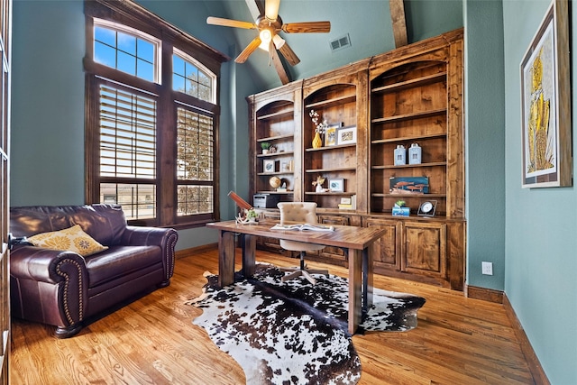 home office featuring ceiling fan, wood finished floors, visible vents, and baseboards