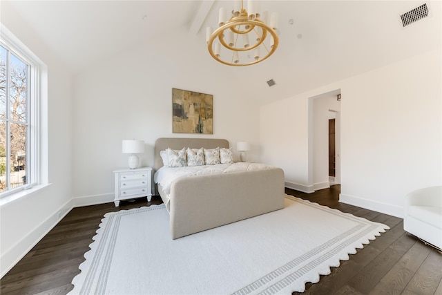 bedroom with lofted ceiling with beams, dark wood-style floors, baseboards, and visible vents