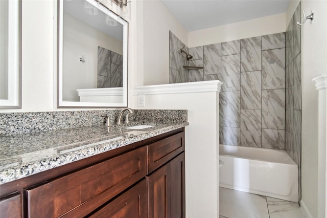 full bathroom with shower / bathtub combination, marble finish floor, and vanity