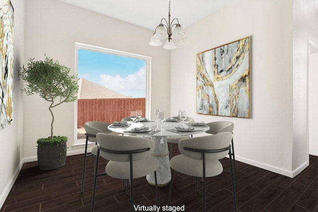 6114 Baskerville Dr, Rowlett, TX 75087 - dining space with wood tiled floors, a chandelier, and baseboards