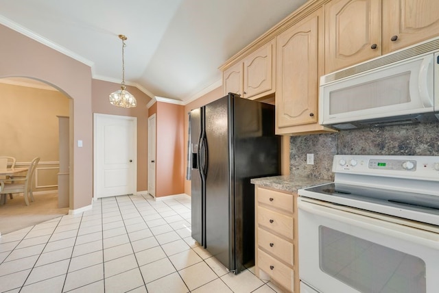 kitchen with arched walkways, light brown cabinets, white appliances, ornamental molding, and tasteful backsplash