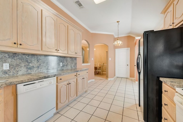 kitchen with crown molding, visible vents, black fridge with ice dispenser, light brown cabinets, and dishwasher