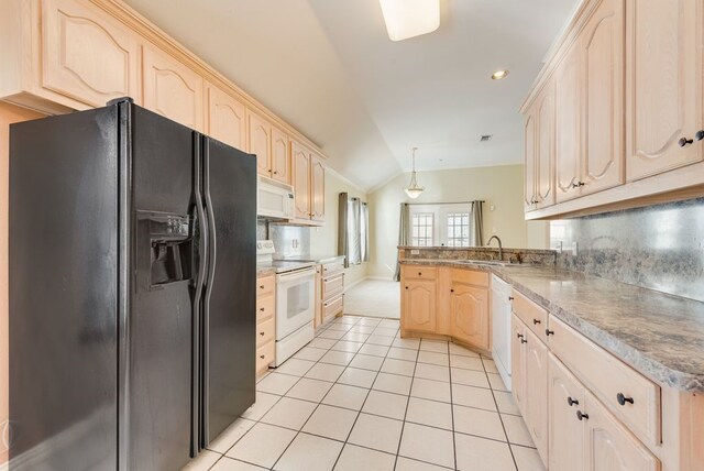 interior space with french doors, crown molding, light carpet, vaulted ceiling, and baseboards