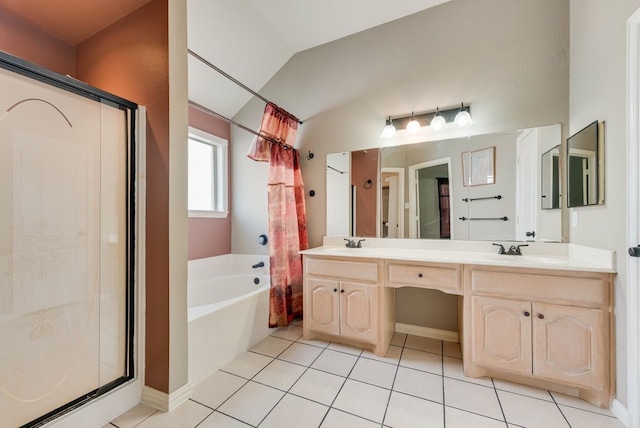 bathroom featuring lofted ceiling, a sink, a shower stall, and a bath