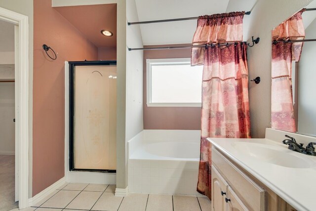 full bathroom with lofted ceiling, toilet, vanity,  shower combination, and tile patterned flooring