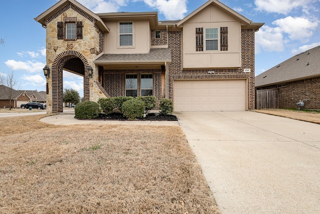 view of front of home featuring brick siding, concrete driveway, stucco siding, a garage, and stone siding