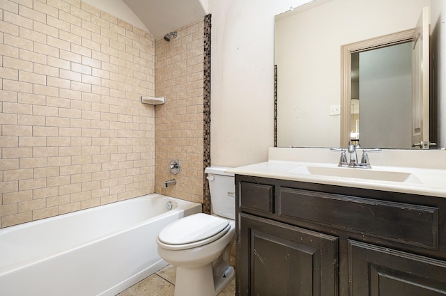 full bathroom featuring vanity, lofted ceiling, tile patterned flooring, shower / washtub combination, and toilet