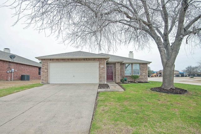 ranch-style house featuring concrete driveway, an attached garage, cooling unit, a front lawn, and brick siding