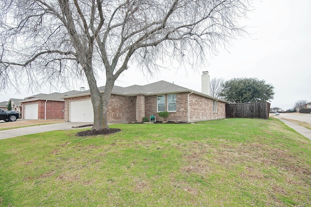 single story home with a garage, brick siding, a front lawn, and a chimney