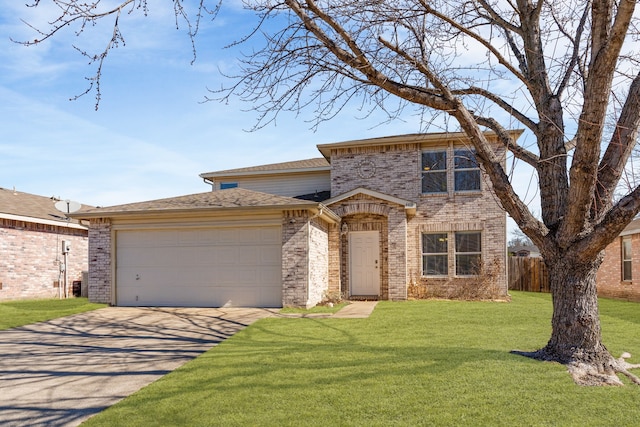 view of front facade featuring a garage, brick siding, fence, concrete driveway, and a front yard