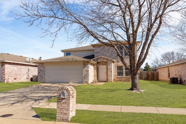 view of front of property with a garage, a front yard, central AC unit, and brick siding