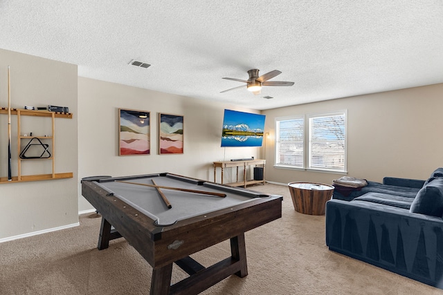 game room with carpet floors, pool table, visible vents, ceiling fan, and baseboards