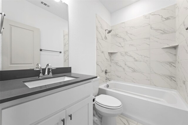 bathroom with shower / bathtub combination, toilet, vanity, visible vents, and marble finish floor