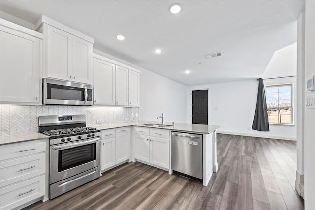 kitchen featuring dark wood-style floors, a peninsula, a sink, stainless steel appliances, and backsplash