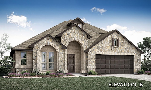 view of front of house featuring brick siding, a shingled roof, concrete driveway, an attached garage, and a front lawn