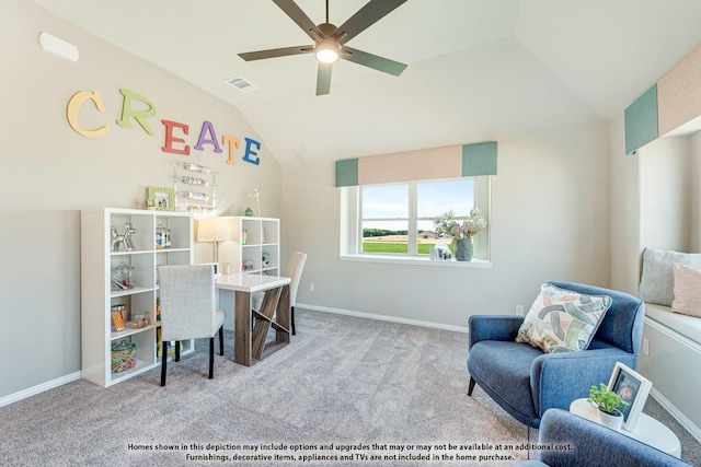 home office featuring lofted ceiling, carpet, visible vents, and baseboards