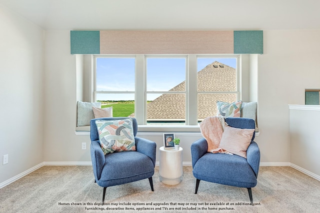 sitting room with carpet flooring and baseboards