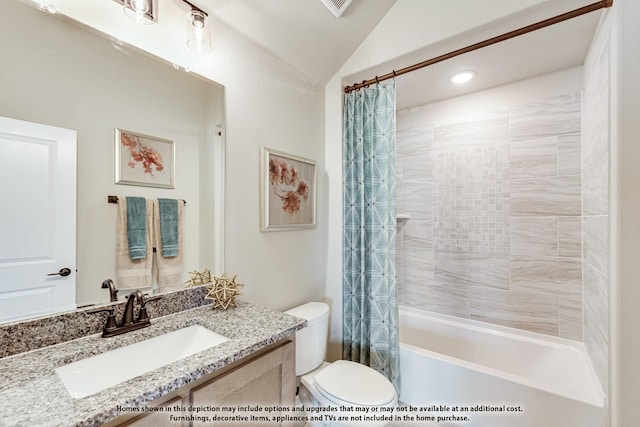 full bathroom with shower / tub combo, vaulted ceiling, vanity, and toilet