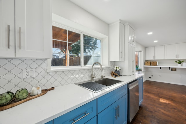 kitchen with white cabinetry, a sink, blue cabinetry, and dishwasher