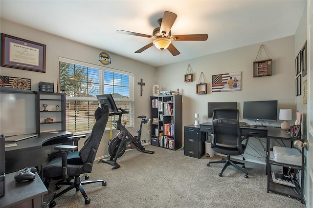 office area with a ceiling fan and carpet