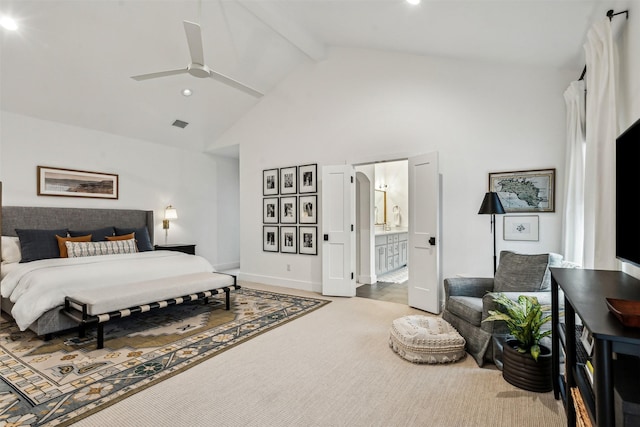 bedroom featuring ceiling fan, ensuite bath, high vaulted ceiling, beamed ceiling, and baseboards