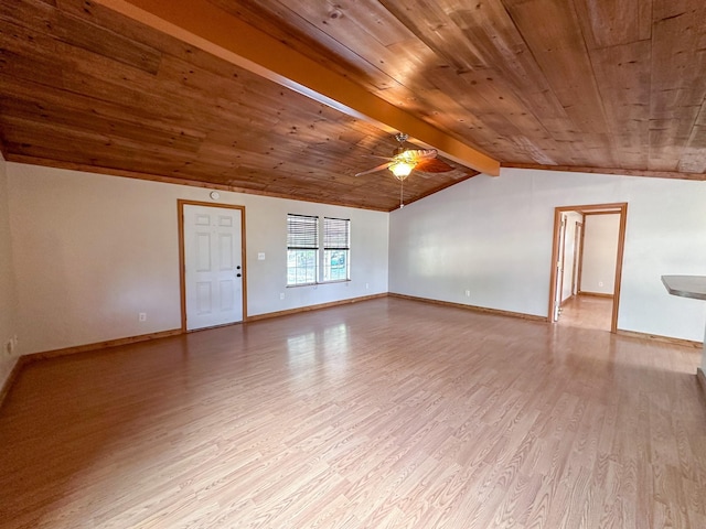 interior space featuring vaulted ceiling with beams, light wood-style floors, a ceiling fan, wooden ceiling, and baseboards