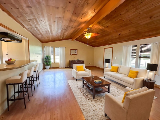 living area with vaulted ceiling with beams, wooden ceiling, wood finished floors, and baseboards