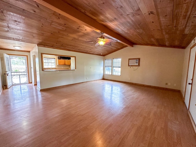 unfurnished living room featuring plenty of natural light, light wood finished floors, wooden ceiling, and a ceiling fan