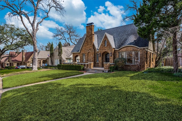 6306 Tremont St, Dallas, TX 75214 - tudor house with brick siding, a chimney, and a front yard