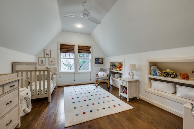 6306 Tremont St, Dallas, TX 75214 - bedroom with lofted ceiling, dark wood-style floors, baseboards, and a ceiling fan
